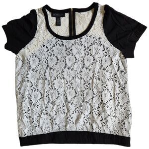 INC Black & White Floral Lace Round Neck Short Sleeve Top sz L